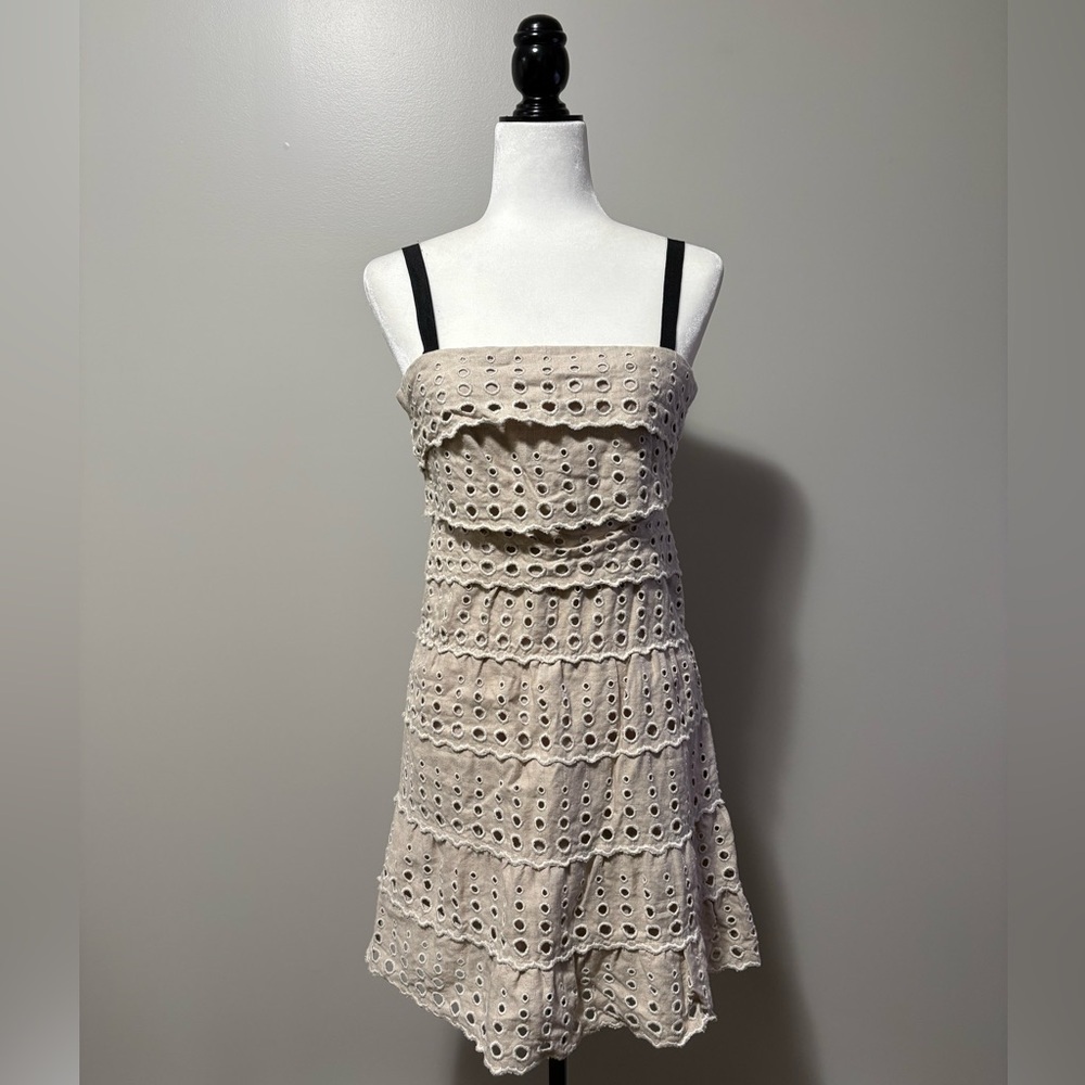 Adolfo Dominguez Linen Eyelet Lace Ruffle Tiered Mini Dress